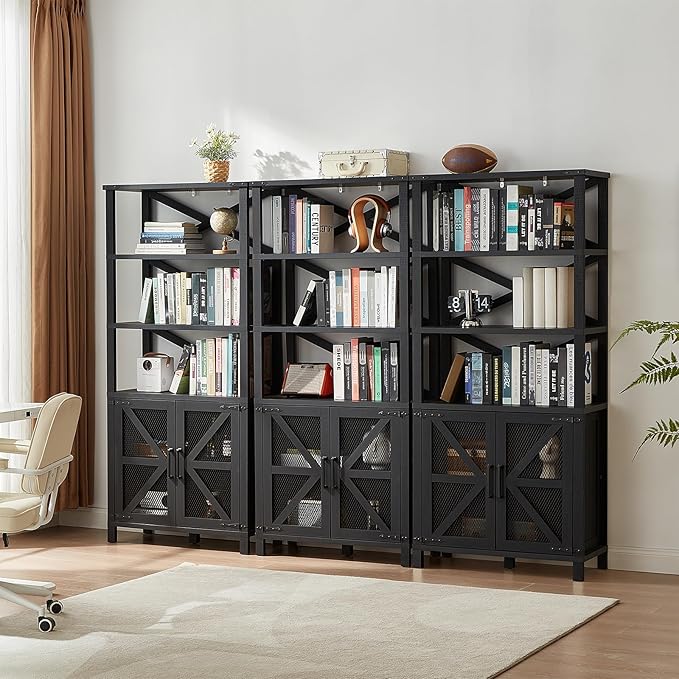 5 Tier Bookshelf 70" Tall Bookcase with Barn Doors,Large Farmhouse Display Book Shelf with Adjustable Shelves and Storage Cabinet， Wood Bookshelves for Living Room,Kitchen,Antique Black(2PCS)