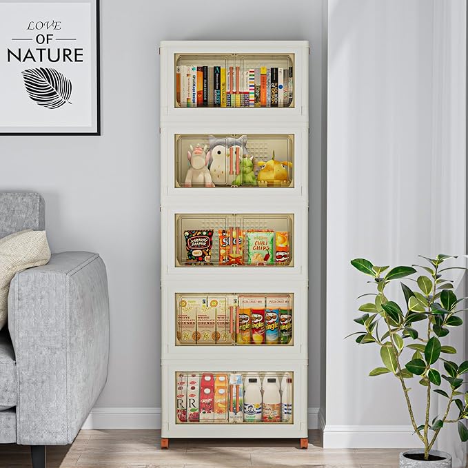 VECELO 300 QT Stackable Storage Bins with Wheels, Magnetic Dual Opening Doors & Transparent Panels, Plastic Foldable Storage Containers for Living Room, Bedroom, Kitchen, Office