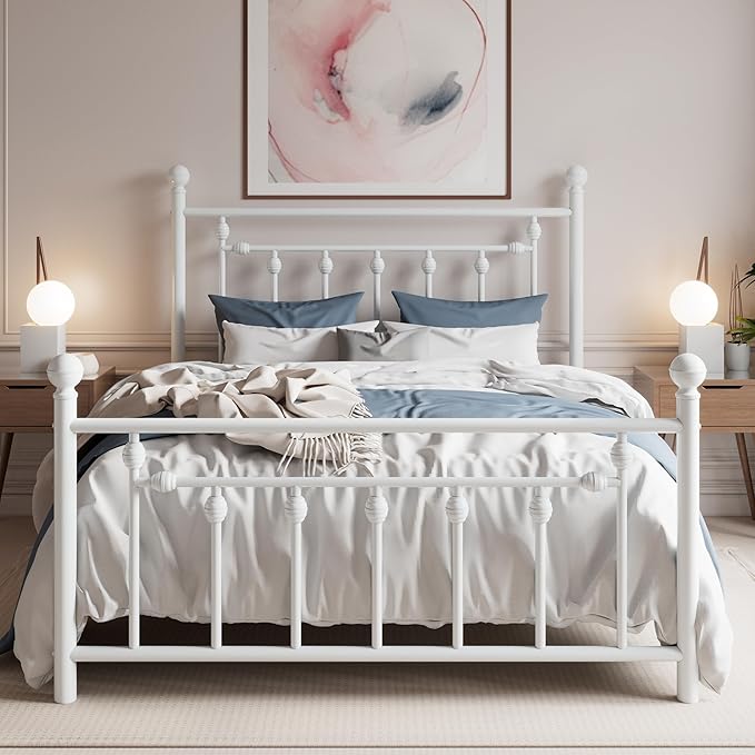 SHA CERLIN 14'' Full Size Metal Platform Bed Frame/Victorian Headboard and Footboard/Steel Slats Mattress Foundation for Storage/No Box Spring Needed/Noise Free/White