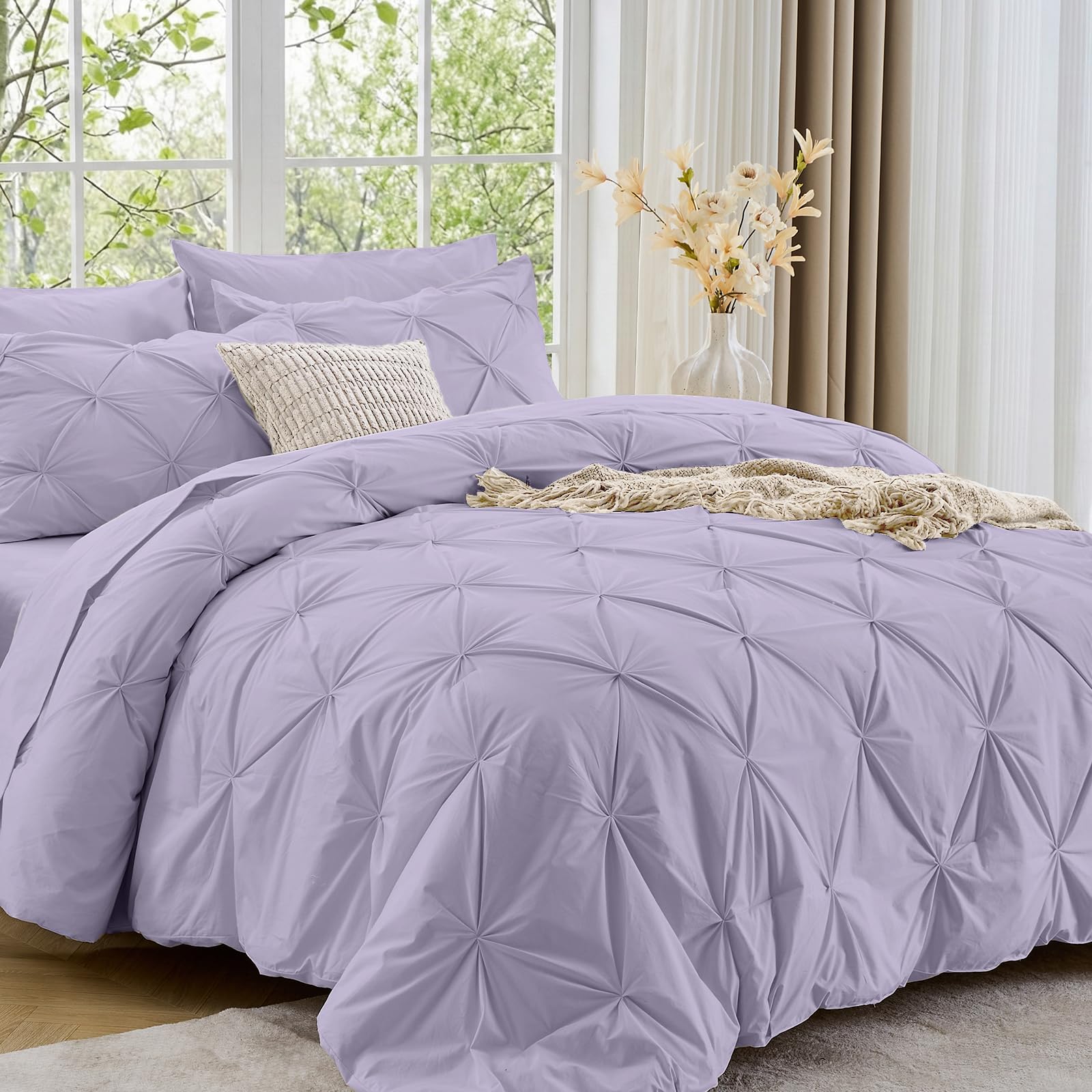 Sasttie Twin XL Comforter Set, 5-Piece Bed in a Bag, Pintuck Bedding Sets for All Season, Includes Comforter, Flat Sheet, Fitted Sheet, Pillowcase and Pillowsham, Beige