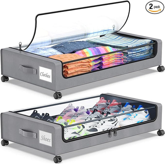 Beborxue Under Bed Storage with Wheels, 2-Pack Under the Bed Storage Containers with Lids, XXL 60L Under Bed Shoe Storage Organizer Bins, Rolling Underbed Storage for Clothes, Shoes, Blankets (Gray)