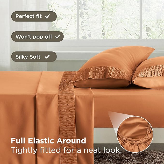 Bedsure Queen Sheet Set - 4 Pieces Soft Queen Size Sheets - Breathable & Cooling - Hotel Luxury - Easy Care Polyester Microfiber Bedding for Women, Men, Dusty Orange