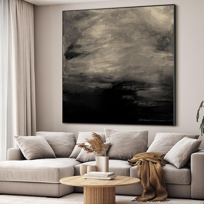 60"x60" XL Framed Wall Art - Stormy Sky Black and Gray Toned Painting (Frame Assembly Required)