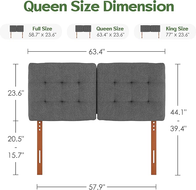 Upholstered Headboard Queen Size, Adjustable Height Queen Headboard Only from 39”to 44”with Durable Solid Wood Legs, Modern Button Diamond Fabric Bed Head Board with Width Adapters, Grey