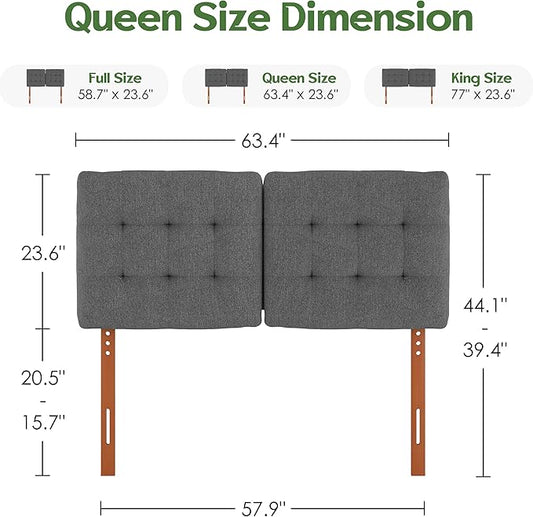 Upholstered Headboard Queen Size, Adjustable Height Queen Headboard Only from 39”to 44”with Durable Solid Wood Legs, Modern Button Diamond Fabric Bed Head Board with Width Adapters, Grey