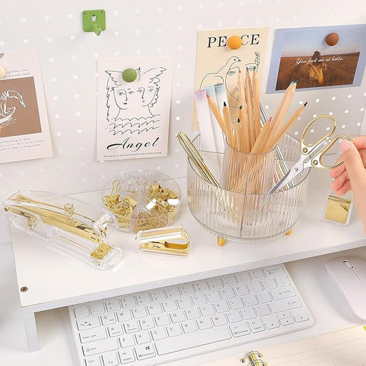 SKYDUE Gold Office Supplies Set, Pencil Holder for Desk,Gel Pen, Stapler, Tape Dispenser, Scissors,Clips and 1000pcs Staples, Office Decor for Women, Gold Desk Accessories