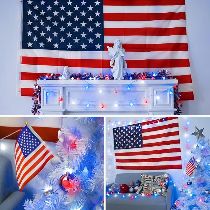 suddus Fairy Lights, 50 Led Battery Powered String Lights, Globe String Lights for Flag, Backyard, Patio, Garden, Party, Bedroom, Living Room, Classroom, Christmas, Red White and Blue