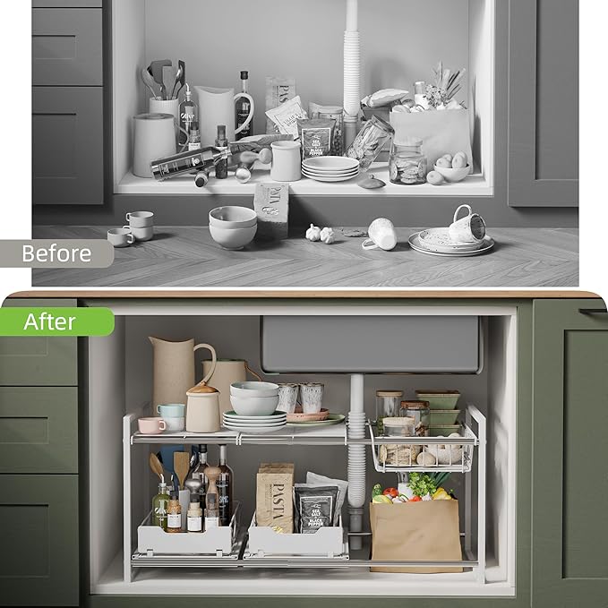 NETEL Under Sink Organizers and Storage,Kitchen Cabinet Organizer,2 Tier Under Sink Expandable Shelves，Bathroom Cabinet Organizer with Pull Out Drawers,(30.9-31.64)" W x 14.69" D x 15.83" H,White