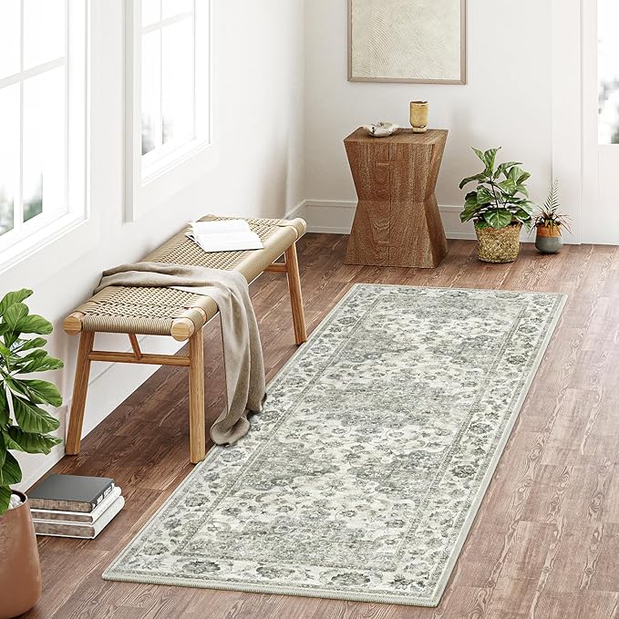 2x6 Washable Neutral Runner Rug Green Vintage Hallway Kitchen Carpet Non-Slip Soft Low Pile Floral Throw Rug for Bedroom Bathroom Laundry Living Room