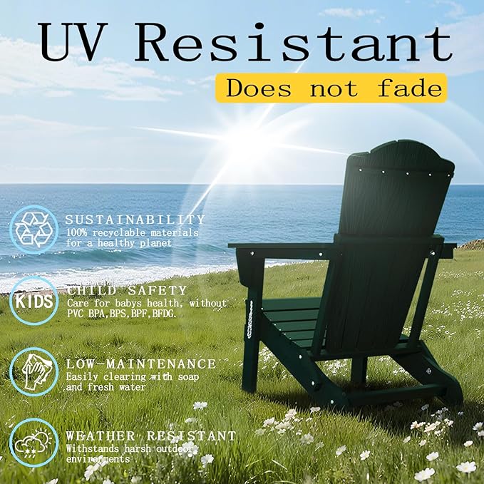 Adirondack Chair, Folding All-Weather Outdoor HDPE Patio Chair with Cup Holder, Green