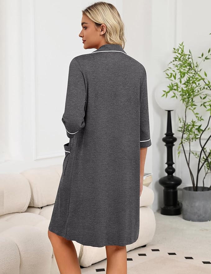 Ekouaer Zipper Robes for Women 3/4 Sleeve Housecoats Knee Length Bathrobe Lightweight Nightgown with Pockets S-3XL