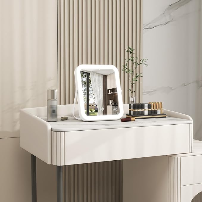 ROLOVE 8x10 Inch Lighted Vanity Mirror, 3-Color Dimmable LED Lighting & Touch Control, Portable Makeup Mirror with U-Bracket for Travel/Dressing Room (White)