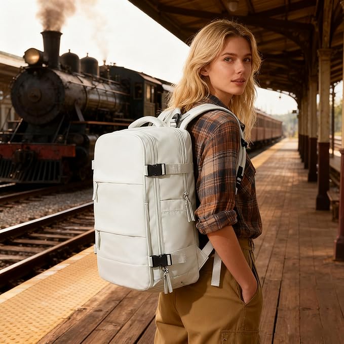 Vacuum Backpack Travel with Electric Vacpack Pump, Vacuum Compression Bags Travel Backpack for Women Men, Flight Approved Waterproof Carry on Backpacks Laptop Work Weekender Daypack, White, Medium