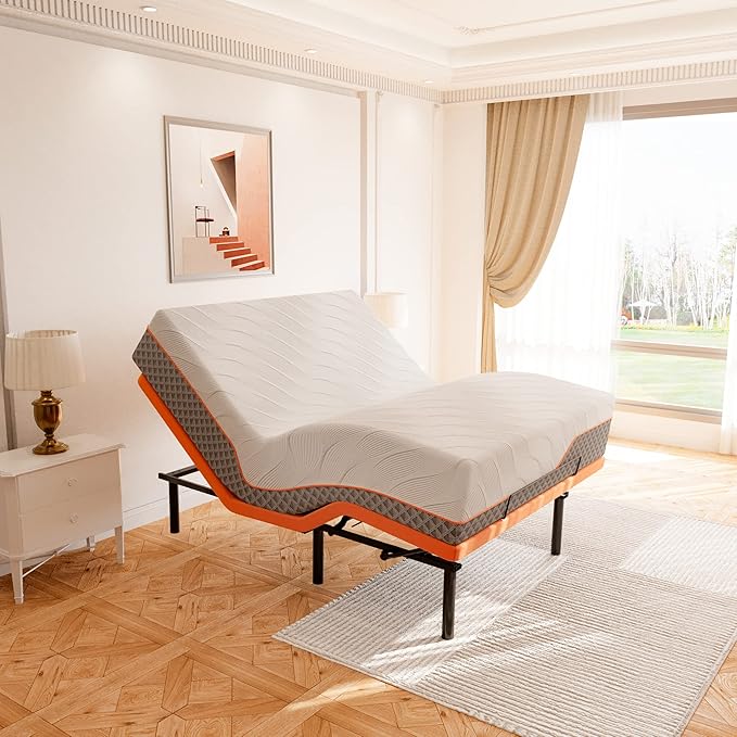 ESHINE Adjustable Bed Frame + Memory Foam Hybrid 14 Inch Mattress(Medium Soft), Bluetooth App Control, 5 Minutes Installation, Head and Foot Incline, King, 2000 Series