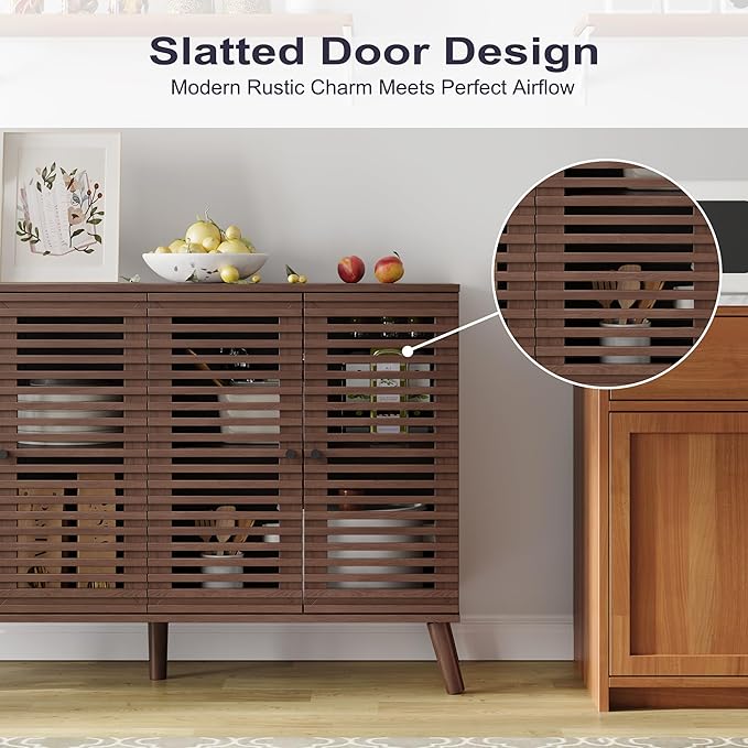 47" W Buffet Cabinet with 4 Slatted Doors, Mid-Century Buffet Sideboard with Shelves, Accent Storage Cabinets Cupboard Console for Living Room Kitchen Hallway, Walnut