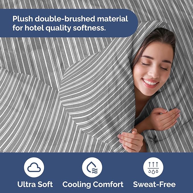 Duvet Cover Queen Size Set - Extra Soft Queen Size Duvet Cover 90 x 90 with 2 Pillow Shams - Hotel Luxury Easy Care & Fade Free w/Zipper Closures & Ties - Comfy Breathable Bedding Set (Grey Stripes)