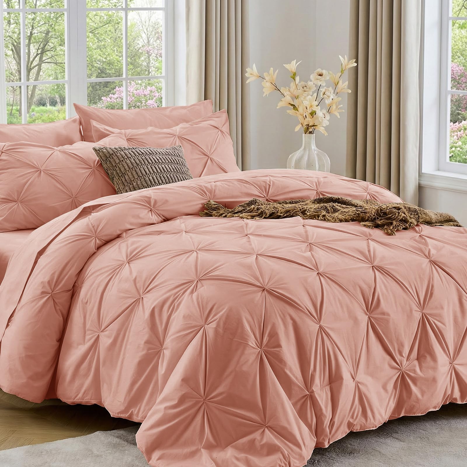 Sasttie Twin XL Comforter Set, 5-Piece Bed in a Bag, Pintuck Bedding Sets for All Season, Includes Comforter, Flat Sheet, Fitted Sheet, Pillowcase and Pillowsham, Beige
