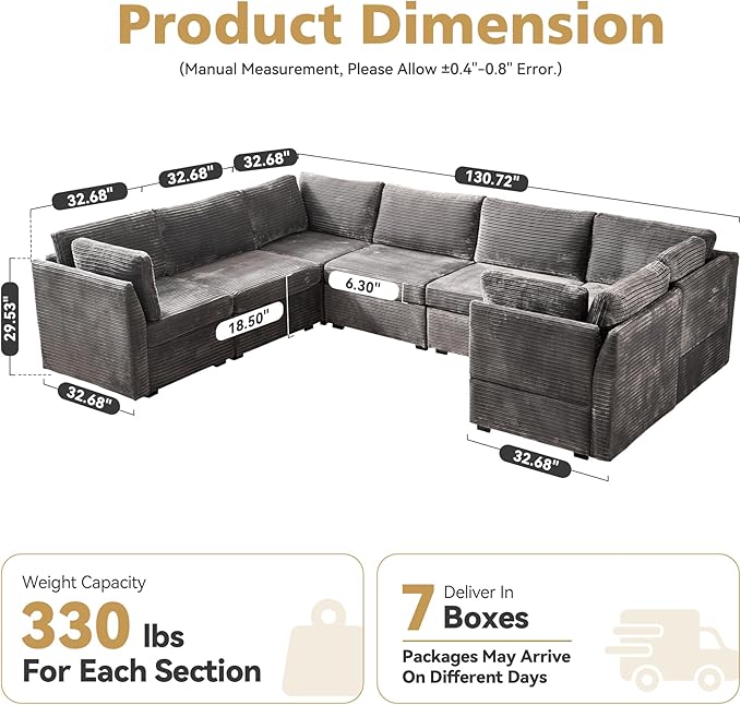 Large 7 Seat Modular Sectional Sofa with Ottoman Seat Corduroy Sleeper Sectional Sofa Bed Oversized Convertible Modular Couch for Living Room