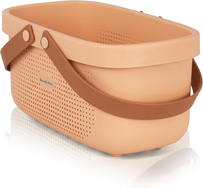 Brookstone BKH1634, Large Portable Shower Caddy with Soft Silicone Carrying Handle, Bathroom Organizer Basket, Plastic Bath Tote, Dries Quickly with Drainage Holes [BPA Free], Blush Color