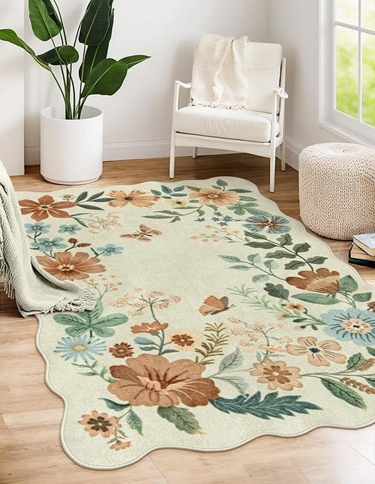 Lahome Floral Machine Washable Rug, 3x5 Rug Non Slip Soft Bedroom Rugs for Entryway Dorm, Ultra-Thin Boho Rugs for Living Room Stain Resistan Throw Carpet for Nursery Entrance, Beige