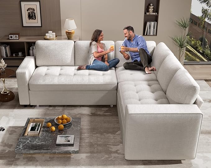 WEUP 5 Seat L Shaped Sectional Sleeper Sofa Bed with Pull Out Bed, Chenille Sectional Sleeper Couch with Adjustable Backrest, USB Ports & Storage Seat, Tool-Free Assembly, Chenille Beige