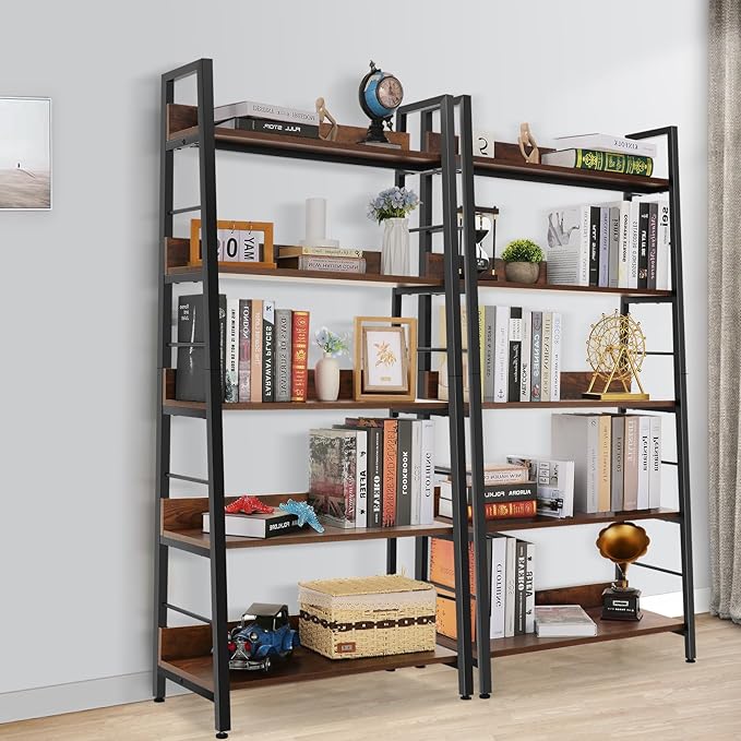 Himimi Bookshelf, Industrial Wood Bookshelves and Bookcases, Ladder Shelf 5 Tier with Metal Frame for Living Room, Bedroom, Kitchen, Home Office, Rustics Brown