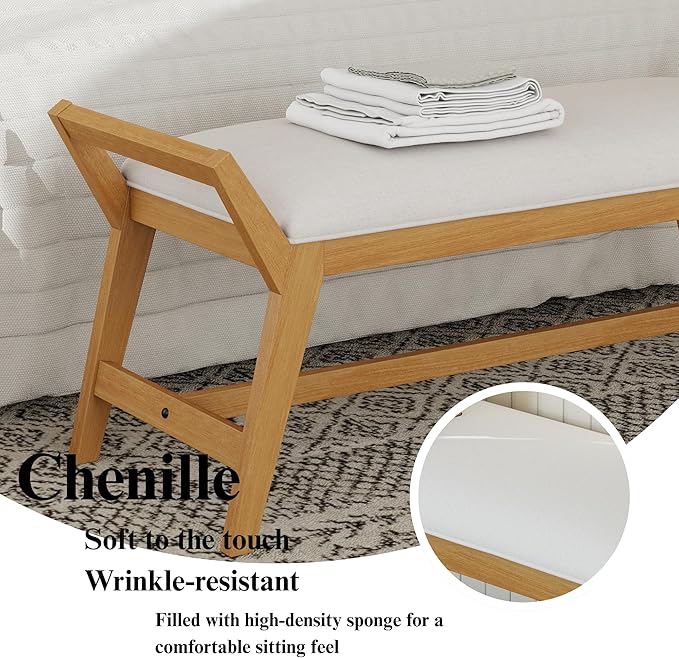 51" End of Bed Bench, Entryway Bench with Solid Wood Frame Fabric Upholstered Ottoman Bench for Entry/Bedroom/Hallway/Living Room,Chenille White