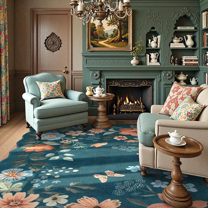 Lahome Floral Washable 6x9 Area Rugs, Soft Bedroom Rug for Living Room Ultra-Thin Non Slip Dining Room Rug, Stain Resistant Boho Blue Rugs Easy Clean Throw Carpet for Office(6'x9',Navy Blue)