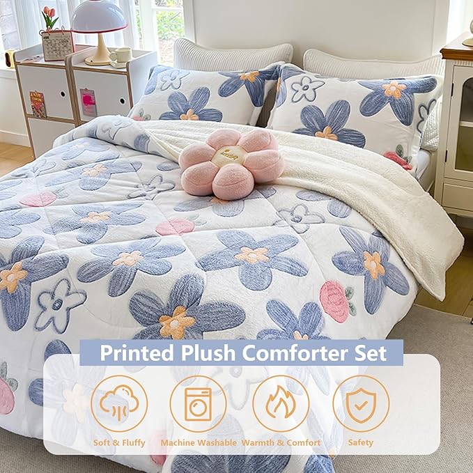 Fluffy Thick Fleece Comforter Set - 3 Piece Full Size (78"x90"), Soft Plush Microfiber Bedding, Winter Warm Bedroom Essentials for Women Girls, 1 Comforter + 2 Pillow Shams (Blue Floral)
