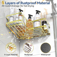 YASONIC Corner Shower Caddy Organizer, 5-Pack Self-Adhesive Rustproof Bath Shelves with Soap Holder & 4 Hooks, Large Capacity Shower Storage Rack for Bathroom Organization, Gold