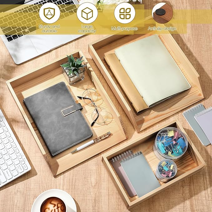 3 Pcs Wooden Letter Trays, Wood Letter-Size Desk Organizer, Heavy Duty 3 Tier Stackable Support Paper Tray Tabletop Inbox Drawer Desktop Organizer for File Folder Magazine Office (Light Brown)