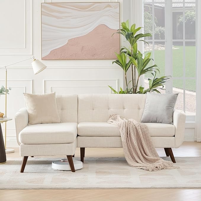 Tbfit L Shaped Couch Sofa, 80" W Mid-Century Modern Sectional Couches, 3 Seater Sofas with Wide Chaise Lounge, Button Tufted Upholstered Sectional Sofa for Living Room, Bedroom, Beige