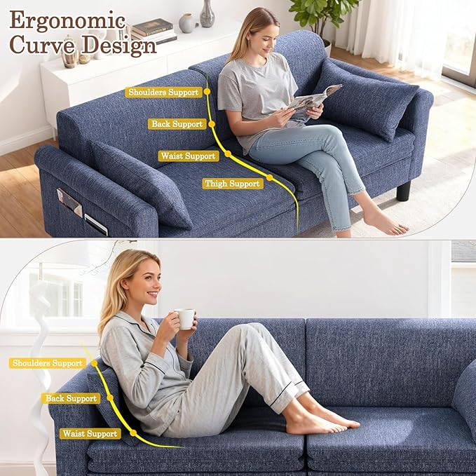 SEJOV 74" Convertible Sofa Bed, 5-in-1 Loveseat Sleeper Sofas with Pull Out Couch Bed, Storage Pockets & 2 Pillows, Modern Folding Linen Futon Couch for Living Room, Bedroom, Small Space, Blue