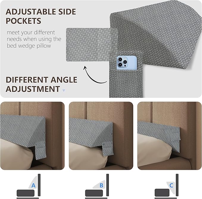 Bed Wedge Pillow for Headboard Gap Bed Mattress Gap Filler (0-8") Between Headboard/Wall and Mattress Grey Full Size Foam Support Triangle Bloster Pillow Stoppers with 2 Pockets