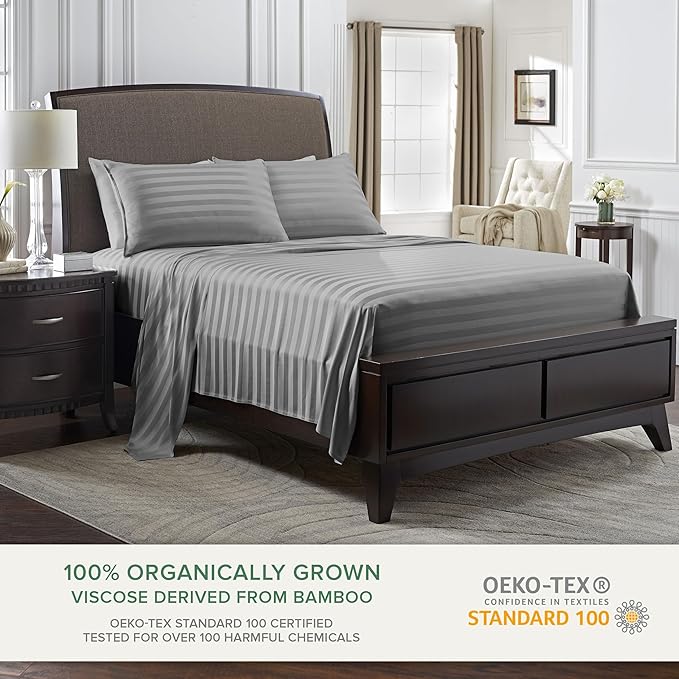 Pure Bamboo California King Sheets, Genuine 100% Organic Viscose Derived from Bamboo Bed Sheet Set, Soft & Cooling, Double Stitching, 2 Year Quality Promise (California King, Jacquard Stone)