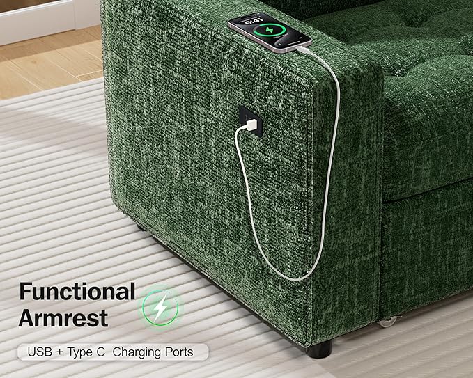 WEUP 5 Seat L Shaped Sectional Sleeper Sofa Bed with Pull Out Bed, Chenille Sectional Sleeper Couch with Adjustable Backrest, USB Ports & Storage Seat, Tool-Free Assembly, Chenille Green