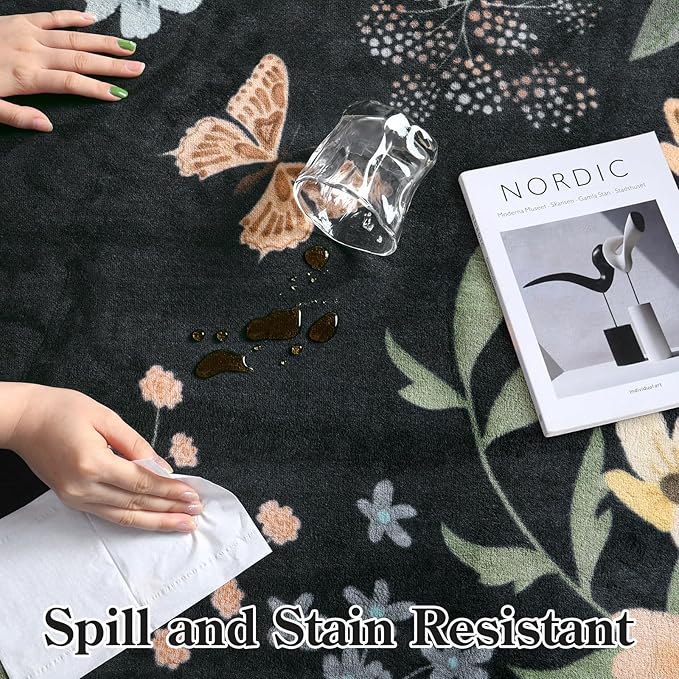 Lahome Floral Washable Rugs for Bedroom, 4X6 Living Room Rug Ultra-Thin, Non-Slip Soft Stain Resistant Boho Throw Carpet for ‎Office Entryway Dining Room (4x6ft,Black/Grey)