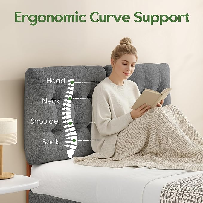 Tufted Upholstered Full Headboard, Adjustable Height Full Size Headboard Only from 39”to 44” with Durable Solid Wood Legs, Modern Button Diamond Fabric Head Board with Width Adapters, Grey