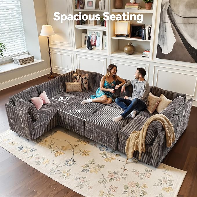 Large 9 Seat Modular Sectional Sofa with Ottoman Seat Corduroy Sleeper Sectional Sofa Bed Oversized Convertible Modular Couch for Living Room