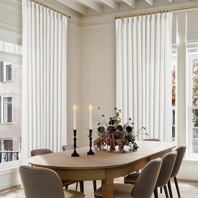 Extra Wide Linen Curtains 102 Inches Long 70 Inch Wide for Living Room Bedroom Light Filtering Beige Off White Pinch Pleated Curtains Hooks Rings Back Tab for Sliding Door 1 Panel 70Wx102L