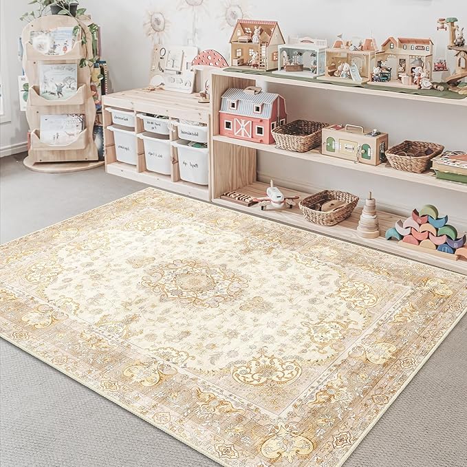 Boho Rug 3'x5',Washable Area Rugs for Bedroom Living Room Kitchen Entryway Bedside,Small Vintage Bohemian Distressed Non Slip Carpet,Beige Gold Floral