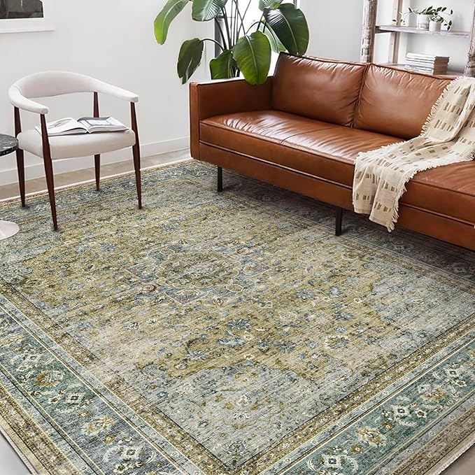 Washable Area Rug 9'x12' Boho Design Non-Shedding Easy Care Ideal for High Traffic Areas in Living Room Bedroom Office Coffee Table Kitchen Large Carpet