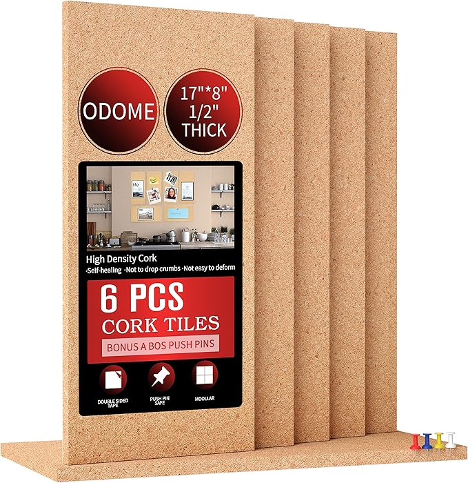 Cork Board Tiles 17”X 8” – 1/2” Thick Cork Board – Bulletin Board – Pin Board Decoration for Pictures,Ultra Strength Adhesive Backing – 6 Pieces Cork Boards for Walls – 1 Box Push Pins