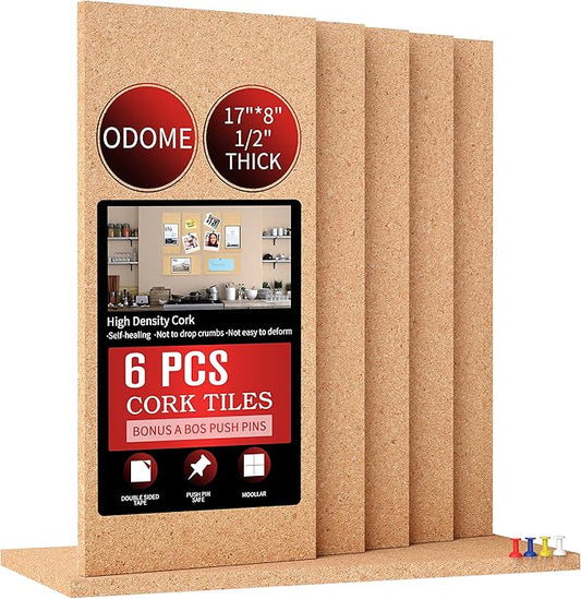 Cork Board Tiles 17”X 8” – 1/2” Thick Cork Board – Bulletin Board – Pin Board Decoration for Pictures,Ultra Strength Adhesive Backing – 6 Pieces Cork Boards for Walls – 1 Box Push Pins