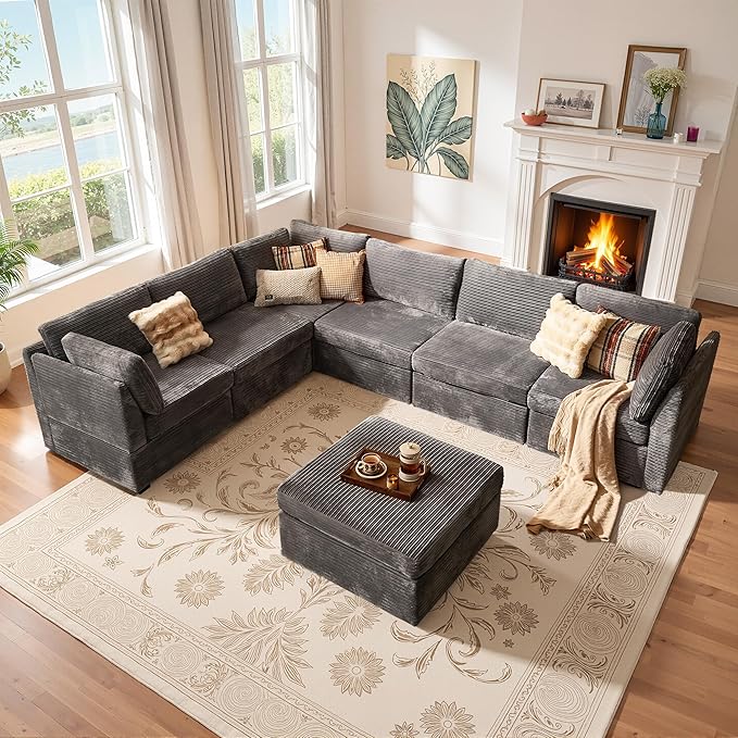 Large 7 Seat Modular Sectional Sofa with Ottoman Seat Corduroy Sleeper Sectional Sofa Bed Oversized Convertible Modular Couch for Living Room
