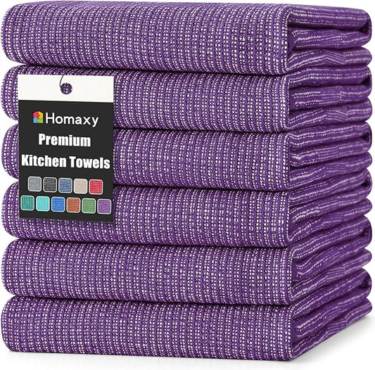 Homaxy Premium Kitchen Towels(18”x 28”, 6 Pack), Large Cotton Kitchen Hand Towels, Flat and Terry Dish Towels, 380 GSM Highly Absorbent Tea Towel Set with Hanging Loop, Purple