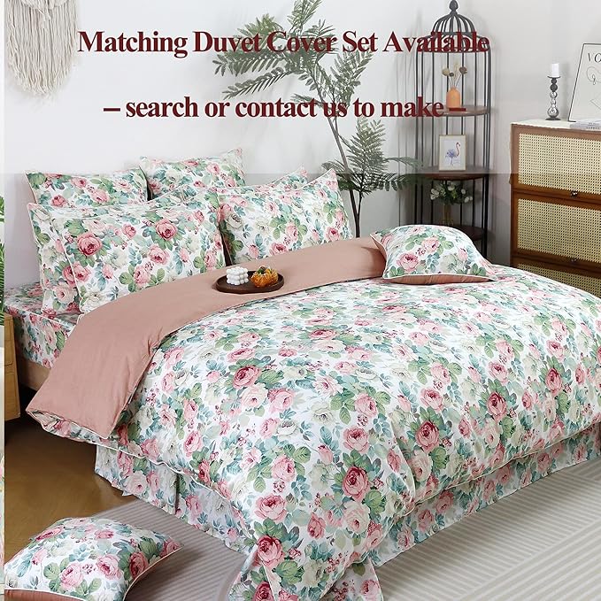 FADFAY Sheets Set Queen Pink Rose Floral Bedding Romantic French Country Peony Floral Sheets Vintage Farmhouse Bedding 100% Cotton Breathable Bedding with Deep Pocket Fitted Sheet 4Pcs, Queen Size