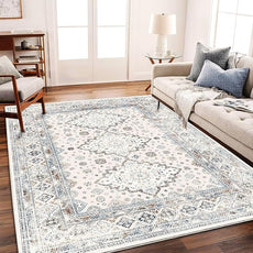 Washable Area Rug 10x14 Retro Flowers Boho Design Non-Shedding Easy Care Ideal for High Traffic Areas in Living Room Bedroom Office Coffee Table Kitchen Large Carpet