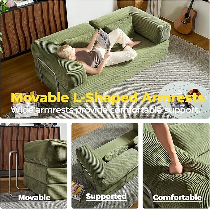 78 Inch Convertible Sofa Bed, Corduroy Boneless Couch with Fixed Frame and 4 Pillows, Modular Sectional Couch for Living Room Bedroom Studio Floor Bed Loveseat Sofa (Green)