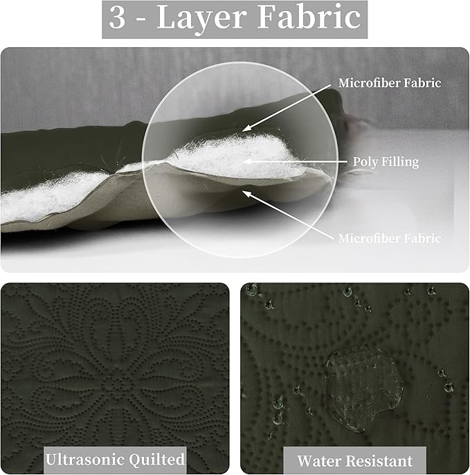 Easy-Going King Size Reversible Quilt Set with 1 Quilt and 2 Pillow Shams, Soft Bed Quilt Cover, Water Resistant Lightweight Microfiber Bedspread, Stain Resistant, Damask-Army Green/Beige